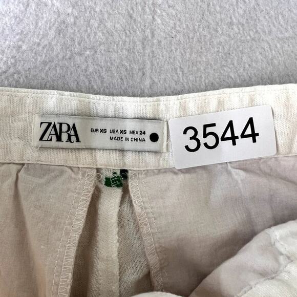 Zara Pants Womens High Rise X-Small Embroidered White Green Linen Blend - Picture 10 of 13